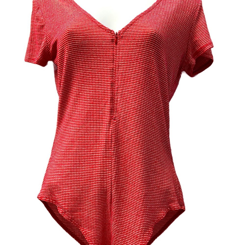 Urban Outfitters retro look striped v-neck red and white zippered bodysuit Sz M
